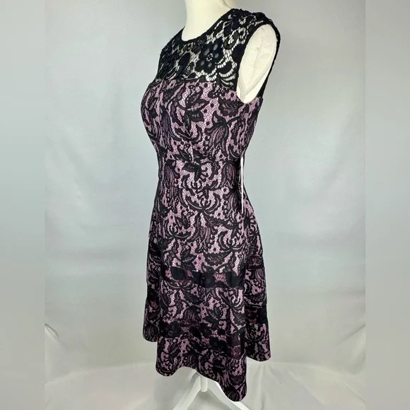 NWT Kay Unger Cocktail Dress Fit & Flare Sleeveless Pink Black Lace Size 6 Party - Picture 5 of 12